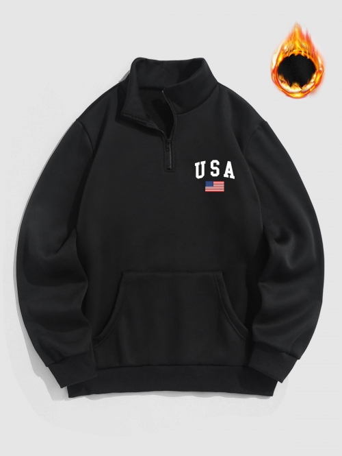 ZAFUL Men's Quarter Zip Letter American Flag Graphic Fleece Lined Sweatshirt L Black