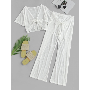 Women Beach Matching Tie Front Sheer Cover Up Beach Top and Pants Set L White