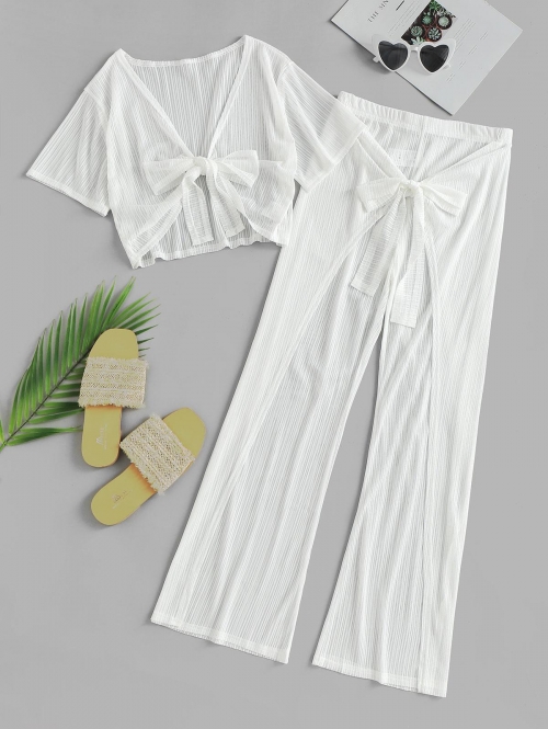 Women Beach Matching Tie Front Sheer Cover Up Beach Top and Pants Set L White