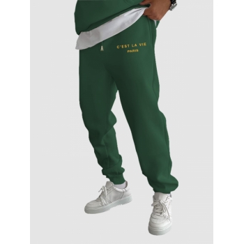 ZAFUL Men's C'EST LA VIE PARIS Letter Printed Drawstring Fleece-lined Sports Jogger Pants M Deep green