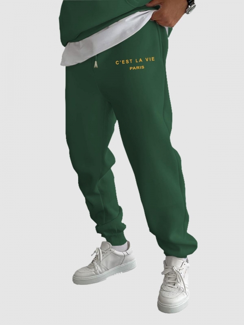 ZAFUL Men's C'EST LA VIE PARIS Letter Printed Drawstring Fleece-lined Sports Jogger Pants M Deep green