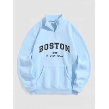 ZAFUL Men's BOSTON Letter Pattern Quarter Zip Design Fleece-lined Sweatshirt L Light blue