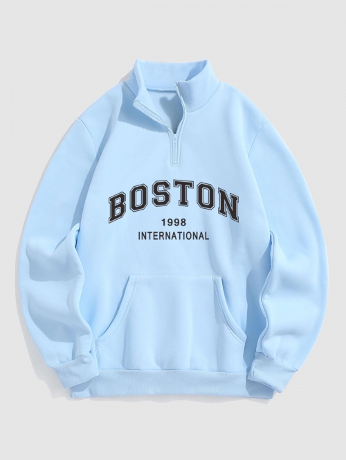 ZAFUL Men's BOSTON Letter Pattern Quarter Zip Design Fleece-lined Sweatshirt L Light blue