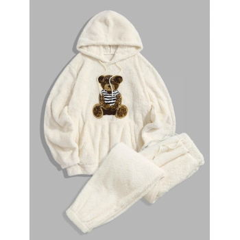 ZAFUL Men's Bear Pattern Pullover Fluffy Teddy Hoodie and Beam Feet Pants Faux Fur Set White