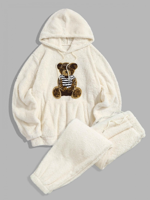 ZAFUL Men's Bear Pattern Pullover Fluffy Teddy Hoodie and Beam Feet Pants Faux Fur Set White