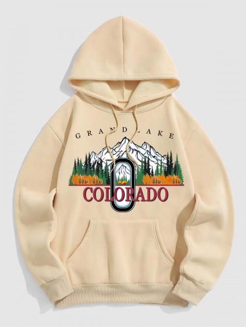 ZAFUL Men's COLORADO GRAND LAKE Mountain Landscape Graphic Fleece Thermal Lined Pullover Hoodie S Light coffee