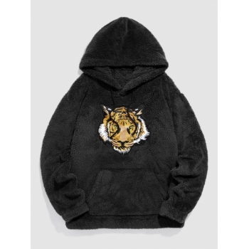 ZAFUL Men's ZAFUL Tiger Embroidered Pocket Fluffy Hoodie L Black