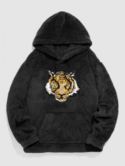 ZAFUL Men's ZAFUL Tiger Embroidered Pocket Fluffy Hoodie L Black