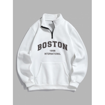 ZAFUL Men's BOSTON Letter Pattern Quarter Zip Design Fleece-lined Sweatshirt L White