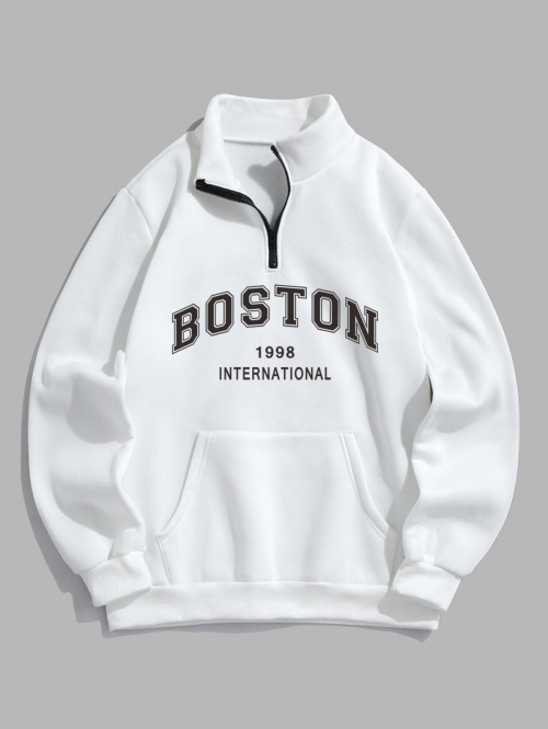 ZAFUL Men's BOSTON Letter Pattern Quarter Zip Design Fleece-lined Sweatshirt L White