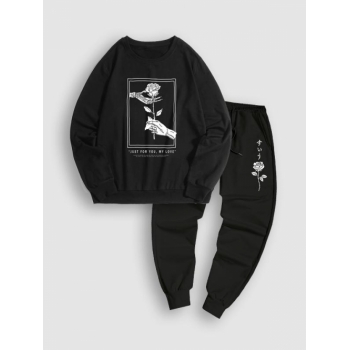 ZAFUL Men's Halloween Skeleton Hand Holding Rose and Letter Printed Sweatshirt and Sweatpants Set Black