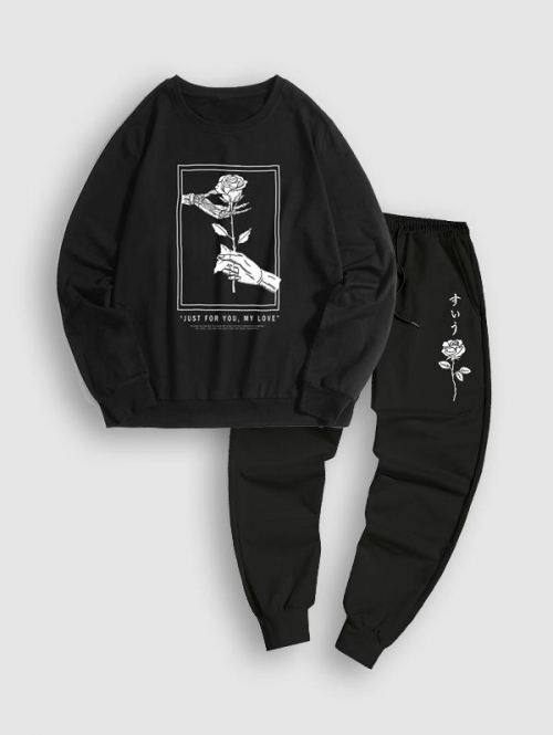 ZAFUL Men's Halloween Skeleton Hand Holding Rose and Letter Printed Sweatshirt and Sweatpants Set Black