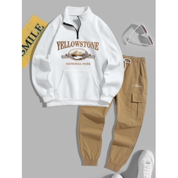 ZAFUL Men's YELLOWSTONE Mountain Graphic Quarter Zip Fleece Lined Sweatshirt and Jogger Cargo Pants Set White