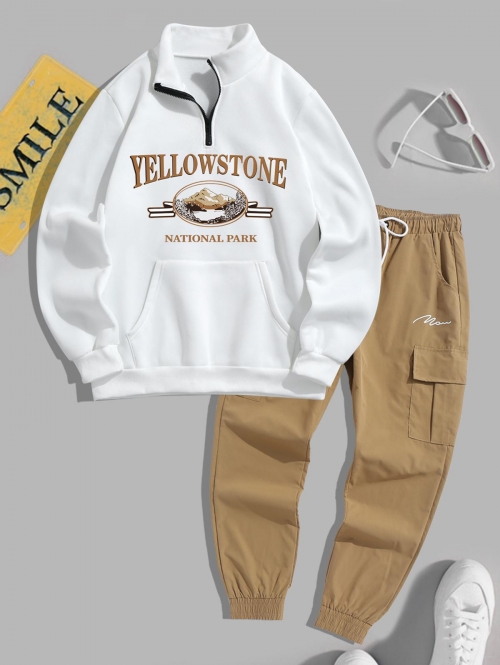 ZAFUL Men's YELLOWSTONE Mountain Graphic Quarter Zip Fleece Lined Sweatshirt and Jogger Cargo Pants Set White