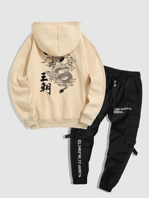 ZAFUL Men's Dynasty Chinese Character Dragon Oriental Graphic Fleece Lining Hoodie and Cargo Jogger Techwear Pants Set Light coffee