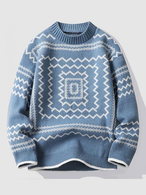 ZAFUL Men's Zig Zag Geo Graphic Crew Neck Sweater M Blue