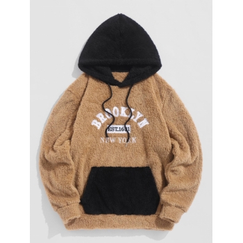 ZAFUL Men's BROOKLYN Letter Embroidered Faux Fur Fluffy Teddy Hoodie Xxl Light coffee