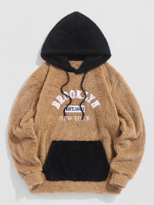 ZAFUL Men's BROOKLYN Letter Embroidered Faux Fur Fluffy Teddy Hoodie Xxl Light coffee