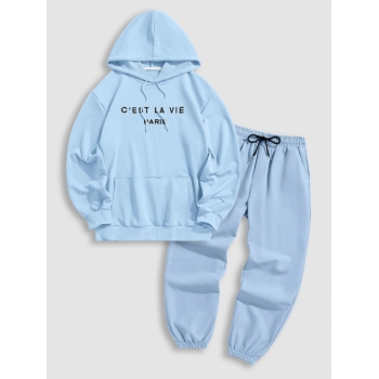 ZAFUL Men's Letter C'EST LA VIE PARIS Embroidery Essentials Hoodie and Drawstring Pocket Jogger Pants Set Light blue