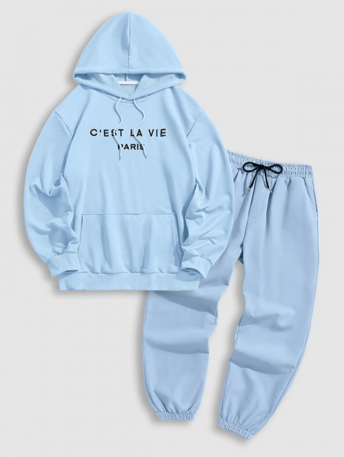 ZAFUL Men's Letter C'EST LA VIE PARIS Embroidery Essentials Hoodie and Drawstring Pocket Jogger Pants Set Light blue