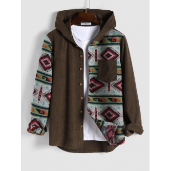 ZAFUL Men's Ethnic Style Geometric Pattern Corduroy Spliced Shacket L Deep coffee