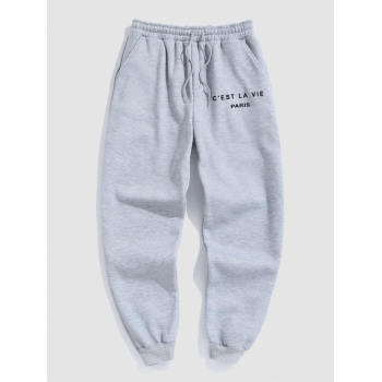 ZAFUL Men's C'EST LA VIE PARIS Letter Printed Drawstring Fleece-lined Sports Jogger Pants L Light gray