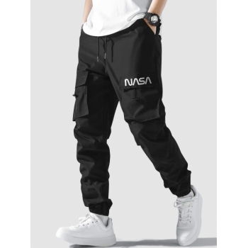 ZAFUL Men's Letter Graphic Drawstring Multi-pocket Beam Feet Cargo Pants L Black