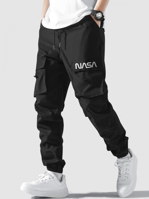 ZAFUL Men's Letter Graphic Drawstring Multi-pocket Beam Feet Cargo Pants S Black