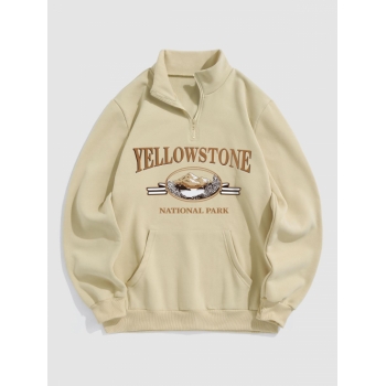 ZAFUL Men's YELLOWSTONE Mountain Graphic Quarter Zip Fleece Lined Sweatshirt L Light coffee