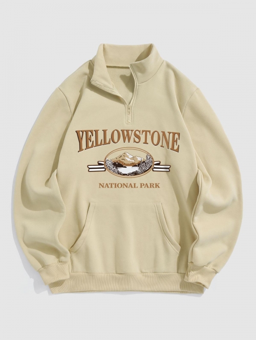 ZAFUL Men's YELLOWSTONE Mountain Graphic Quarter Zip Fleece Lined Sweatshirt L Light coffee