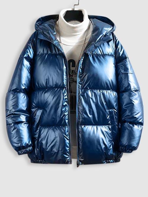 ZAFUL Men's Metallic Color Zip Fly Quilted Padded Hooded Jacket Xs Deep blue