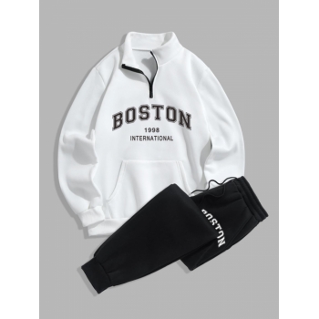 ZAFUL Men's BOSTON Letter Pattern Quarter Zip Design Fleece-lined Sweatshirt and Jogger Sweatpants Set White