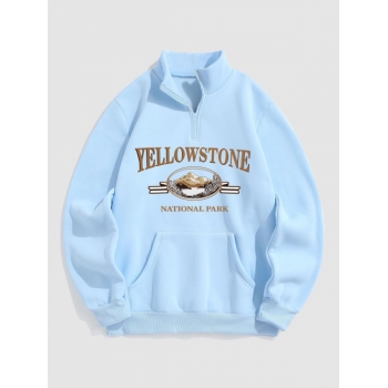 ZAFUL Men's YELLOWSTONE Mountain Graphic Quarter Zip Fleece Lined Sweatshirt L Blue