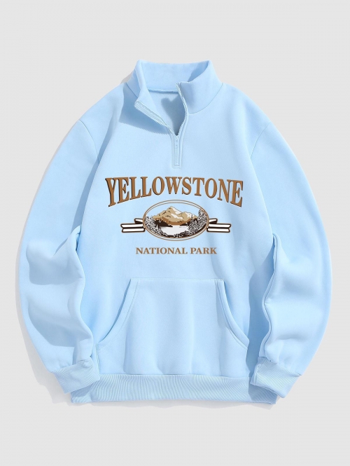 ZAFUL Men's YELLOWSTONE Mountain Graphic Quarter Zip Fleece Lined Sweatshirt L Blue