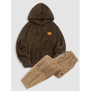 ZAFUL Men's Bear Pattern Drawstring Fluffy Hoodie and Pants Faux Fur Set Deep coffee