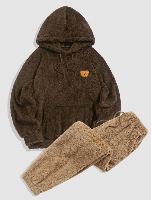 ZAFUL Men's Bear Pattern Drawstring Fluffy Hoodie and Pants Faux Fur Set Deep coffee