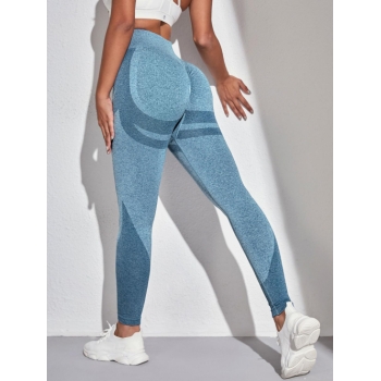 Women Sports Heather Color Splicing High Waisted Scrunch Butt Leggings L Blue