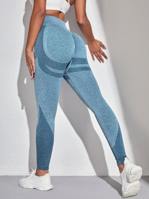 Women Sports Heather Color Splicing High Waisted Scrunch Butt Leggings L Blue