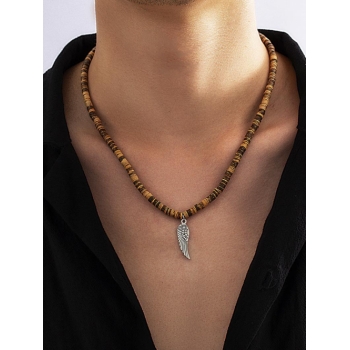 Feather Wood Beading Pendant Necklace