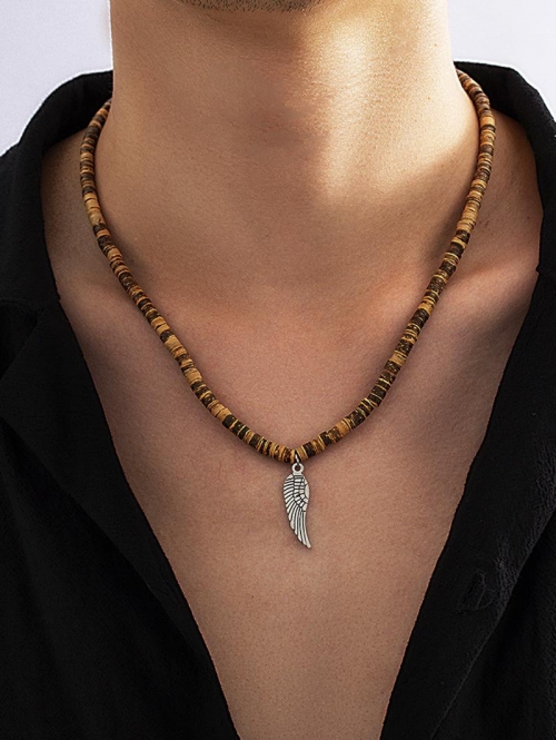 Feather Wood Beading Pendant Necklace