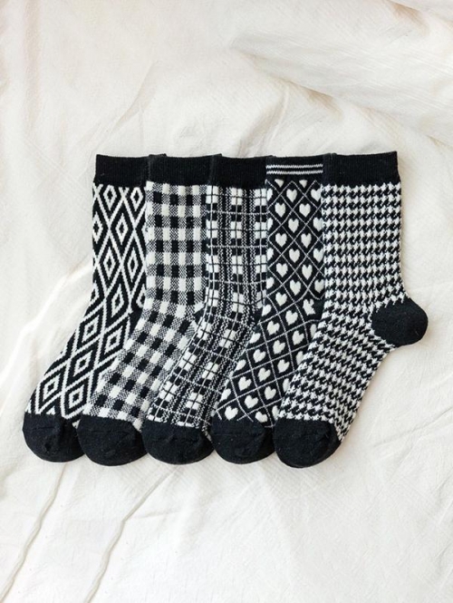 Fashion Women 5Pairs Random Color Plaid Crew Socks