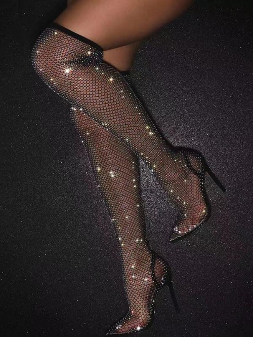 ZAFUL Women Party Club Fishnet Sequined Glitter Sparkle Heeled Pointed Toe Over-the-knee Boots