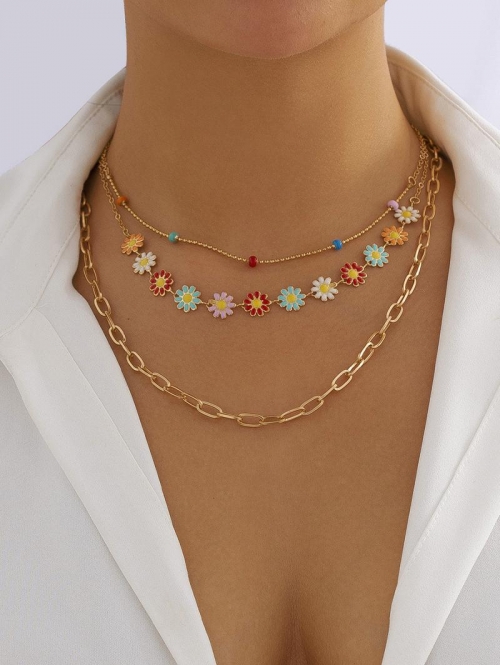 Retro Ethnic Style Colorful Daisy Pattern Multi-layers Necklaces For Women