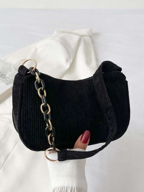 Half Chain Corduroy Zippered Baguette Bag