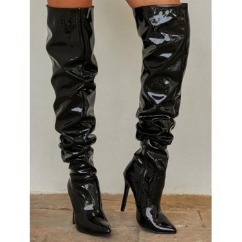 ZAFUL Women Patent Leather Slouchy Thigh High Stiletto Heel Boots