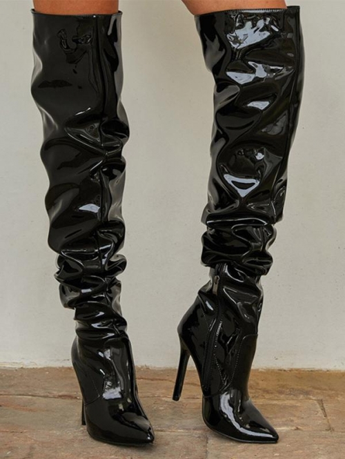 ZAFUL Women Patent Leather Slouchy Thigh High Stiletto Heel Boots