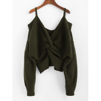 Women ZAFUL Twisted Cold Shoulder Jumper Sweater S Army green