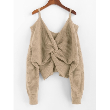 Women ZAFUL Twisted Cold Shoulder Jumper Sweater M Khaki