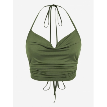 Women Tank Tops ZAFUL Halter Crop Tops High Stretch Ribbed Ruched Backless Sexy Figure-hugging Summer Top with Adjustable Straps L Light green