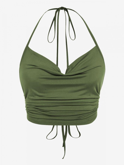 Women Tank Tops ZAFUL Halter Crop Tops High Stretch Ribbed Ruched Backless Sexy Figure-hugging Summer Top with Adjustable Straps L Light green